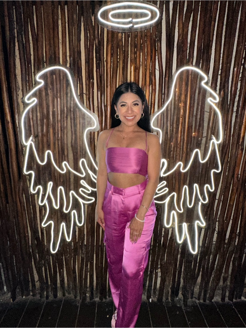 Dynamite Satin Bandeau Crop Top in Fuchsia Pink and matching pants